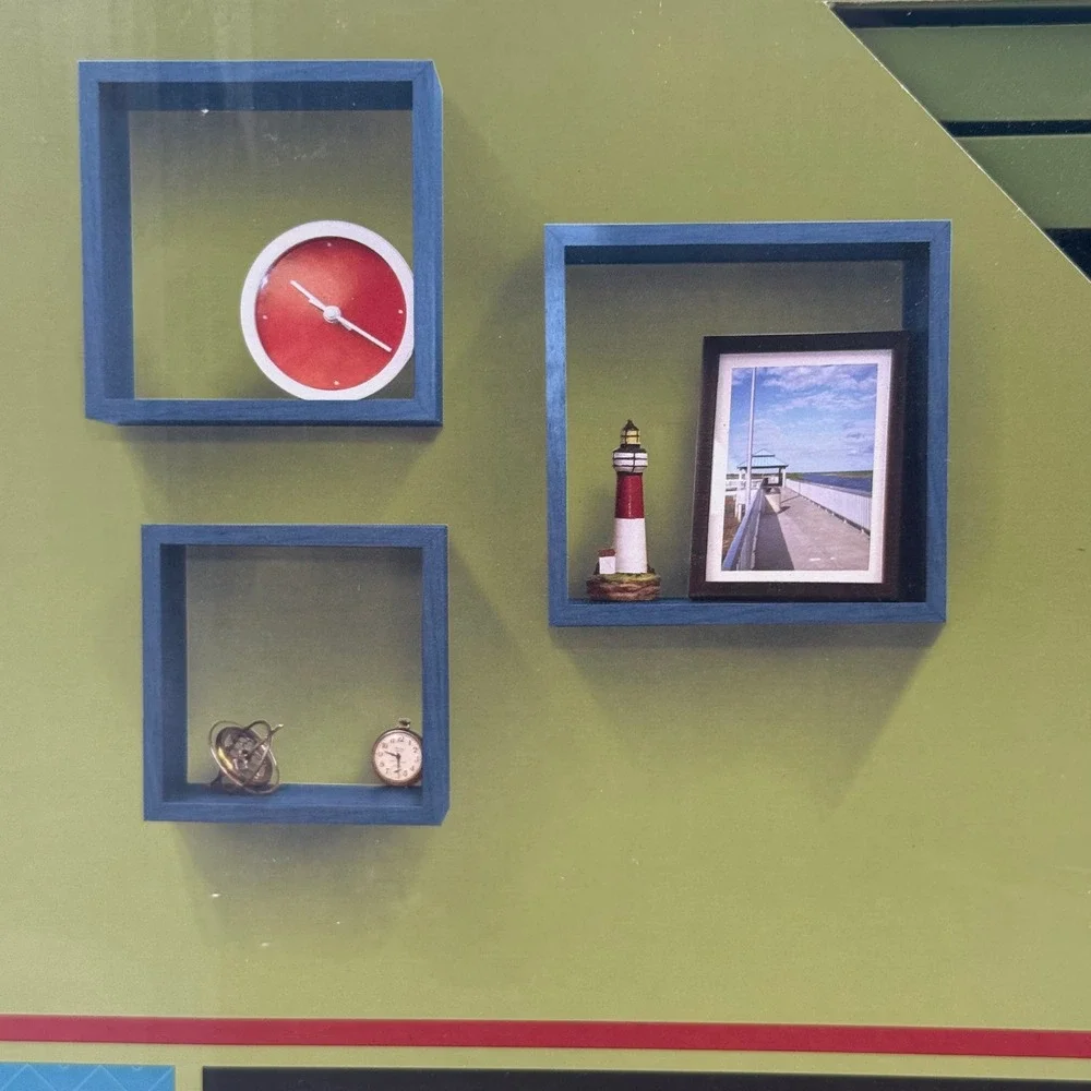 Set of 3 Green Square Floating Wall Shelves Nesting Cube Display Shelves